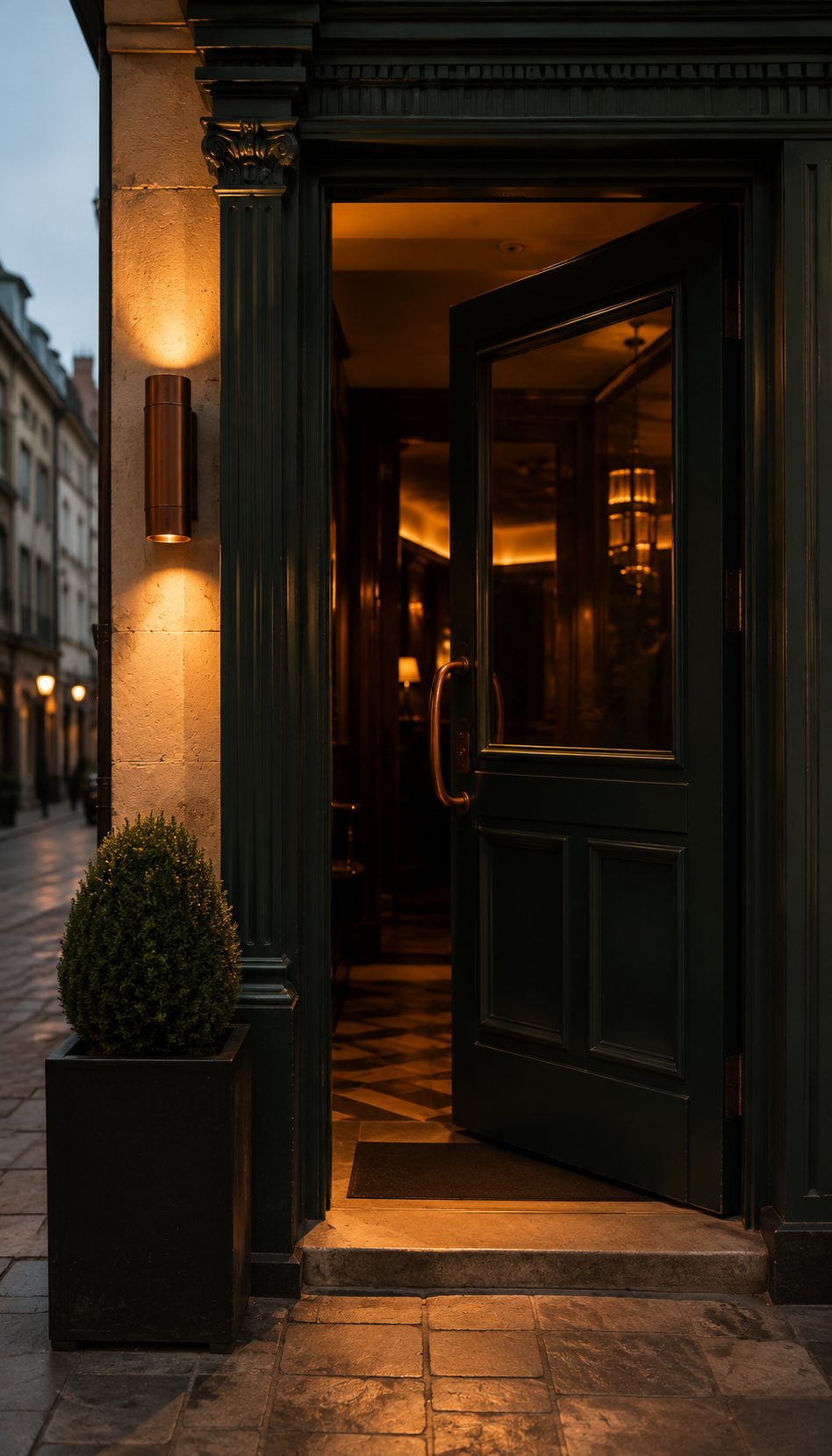 Wejście do restauracji z ciepłym światłem o zmierzchu